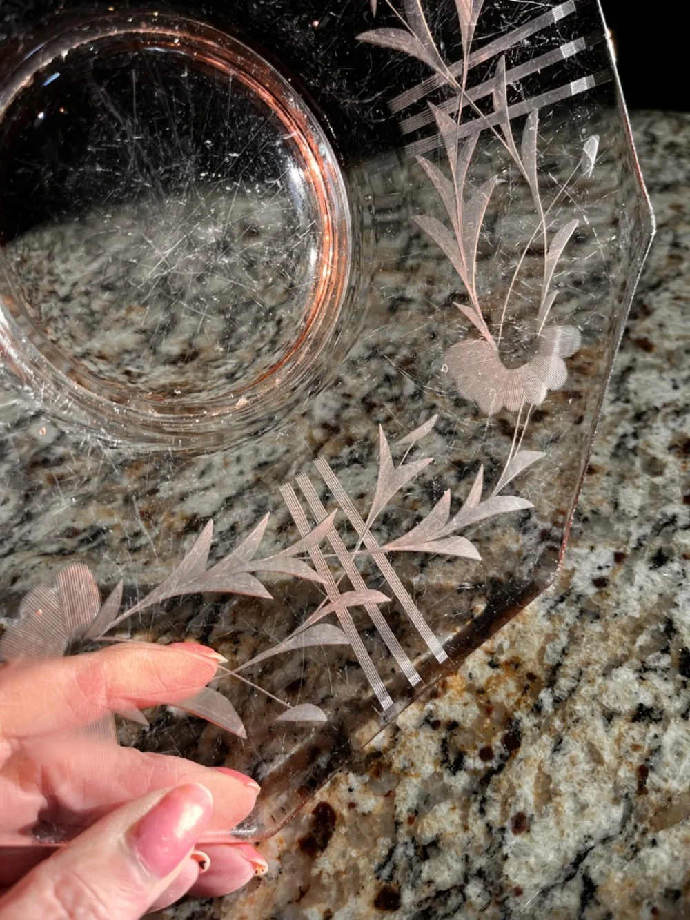 Vintage Pink Depression Glass Etched Floral Plate 10” Octagon Serving Dish